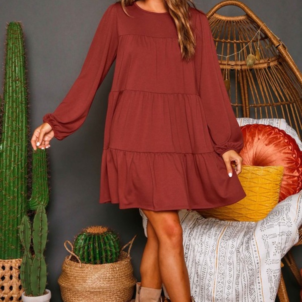 Marsala Colored Pocket Tiered Mini Dress